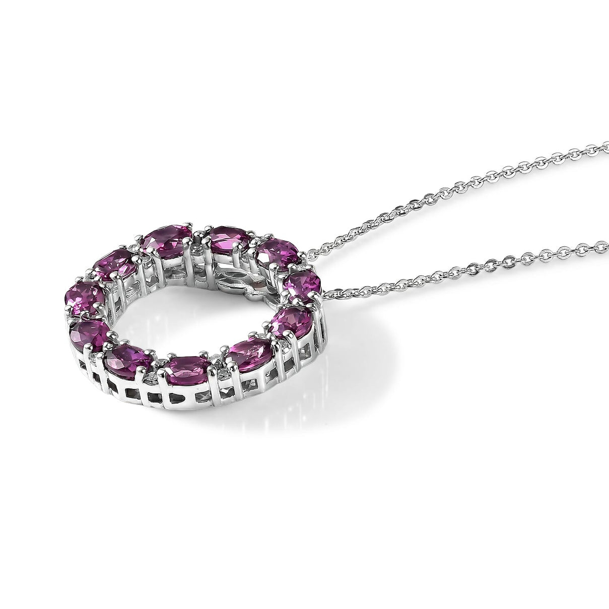 Luxuriant - Natural Radiant Ember Garnet &amp; Lab Grown Diamond (SI-G-H) Circular Pendant with Chain (Size 20) in Rhodium Overlay Sterling Silver 2.66 Ct. 4488473 4