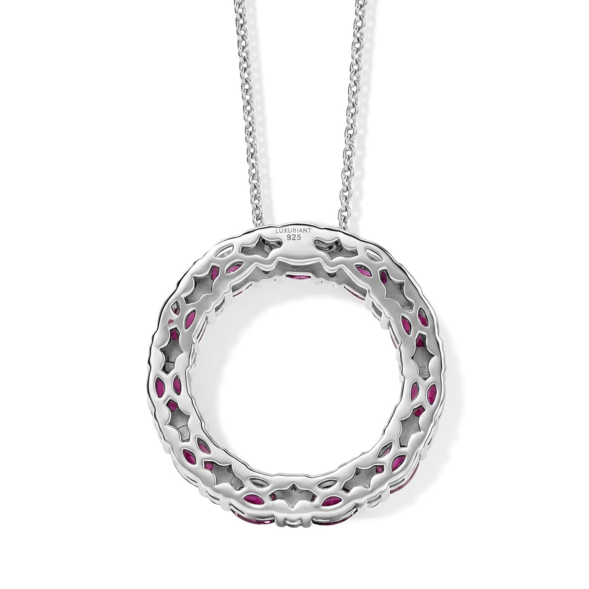 Luxuriant - Natural Radiant Ember Garnet &amp; Lab Grown Diamond (SI-G-H) Circular Pendant with Chain (Size 20) in Rhodium Overlay Sterling Silver 2.66 Ct. 4488473 5