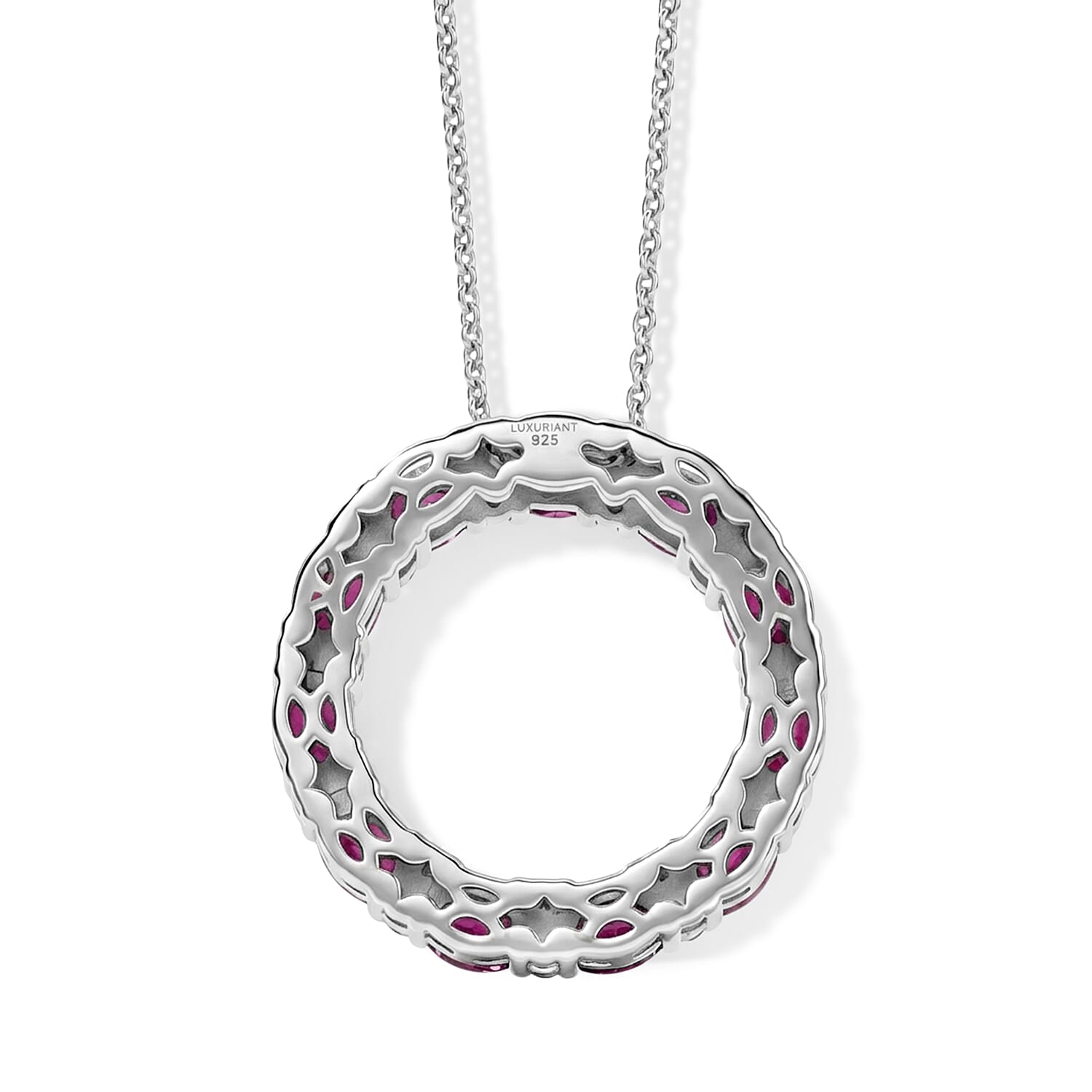 Luxuriant - Natural Radiant Ember Garnet &amp; Lab Grown Diamond (SI-G-H) Circular Pendant with Chain (Size 20) in Rhodium Overlay Sterling Silver 2.66 Ct. 4488473 5