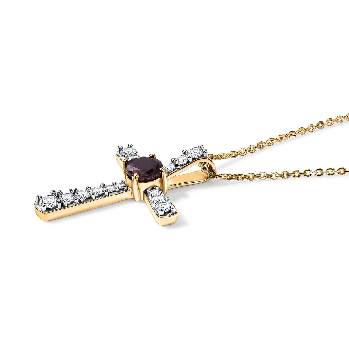 Luxuriant - Natural Radiant Ember Garnet &amp; Lab Grown Diamond (SI/G-H) Cross Pendant with Chain (Size 20) in 18K Vermeil Yellow Gold Plated Sterling Silver 1.10 Ct. V32609925 4
