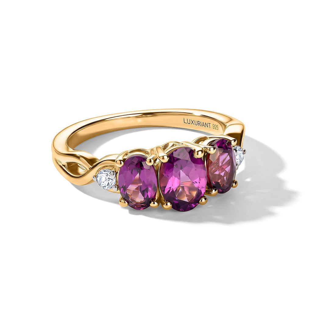 Luxuriant - Radiant Ember Garnet & Lab Grown Diamond (SI-G-H) Trilogy Ring in 18K Vermeil Yellow Gold Plated Sterling Silver 2.24 Ct.
