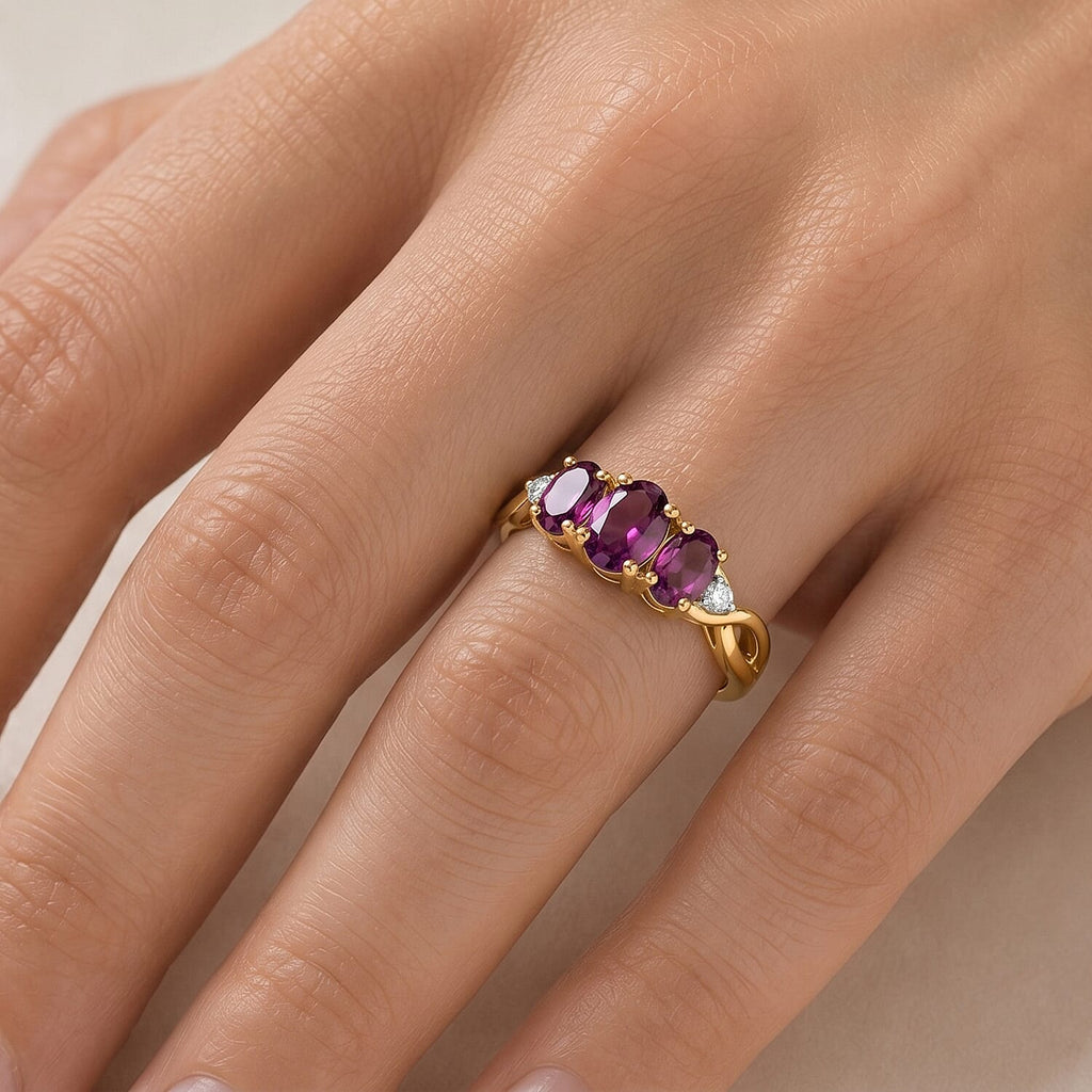 Luxuriant - Radiant Ember Garnet & Lab Grown Diamond (SI-G-H) Trilogy Ring in 18K Vermeil Yellow Gold Plated Sterling Silver 2.24 Ct.