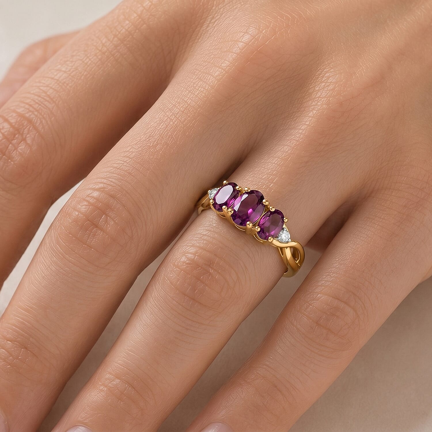 Luxuriant - Natural Radiant Ember Garnet &amp; Lab Grown Diamond (SI/G-H) Trilogy Ring in 18K Vermeil Yellow Gold Plated Sterling Silver 2.24 Ct. 8627508 2