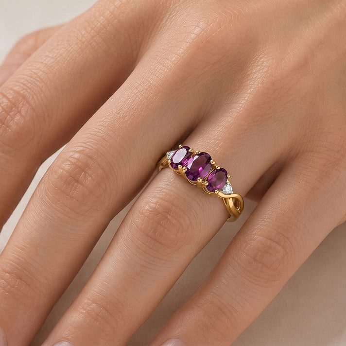 Luxuriant - Natural Radiant Ember Garnet &amp; Lab Grown Diamond (SI/G-H) Trilogy Ring in 18K Vermeil Yellow Gold Plated Sterling Silver 2.24 Ct. 8627508 2