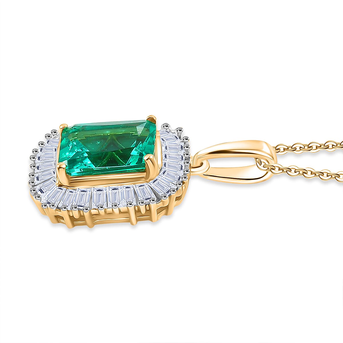 Luxuriant AAAA Lab Grown Columbian Emerald &amp; Lab Grown Diamond Halo Pendant SI-GH with Chain (Size 20) in 18K Vermeil Yellow Gold Plated Sterling Silver 1.84 Ct. 4454723 4