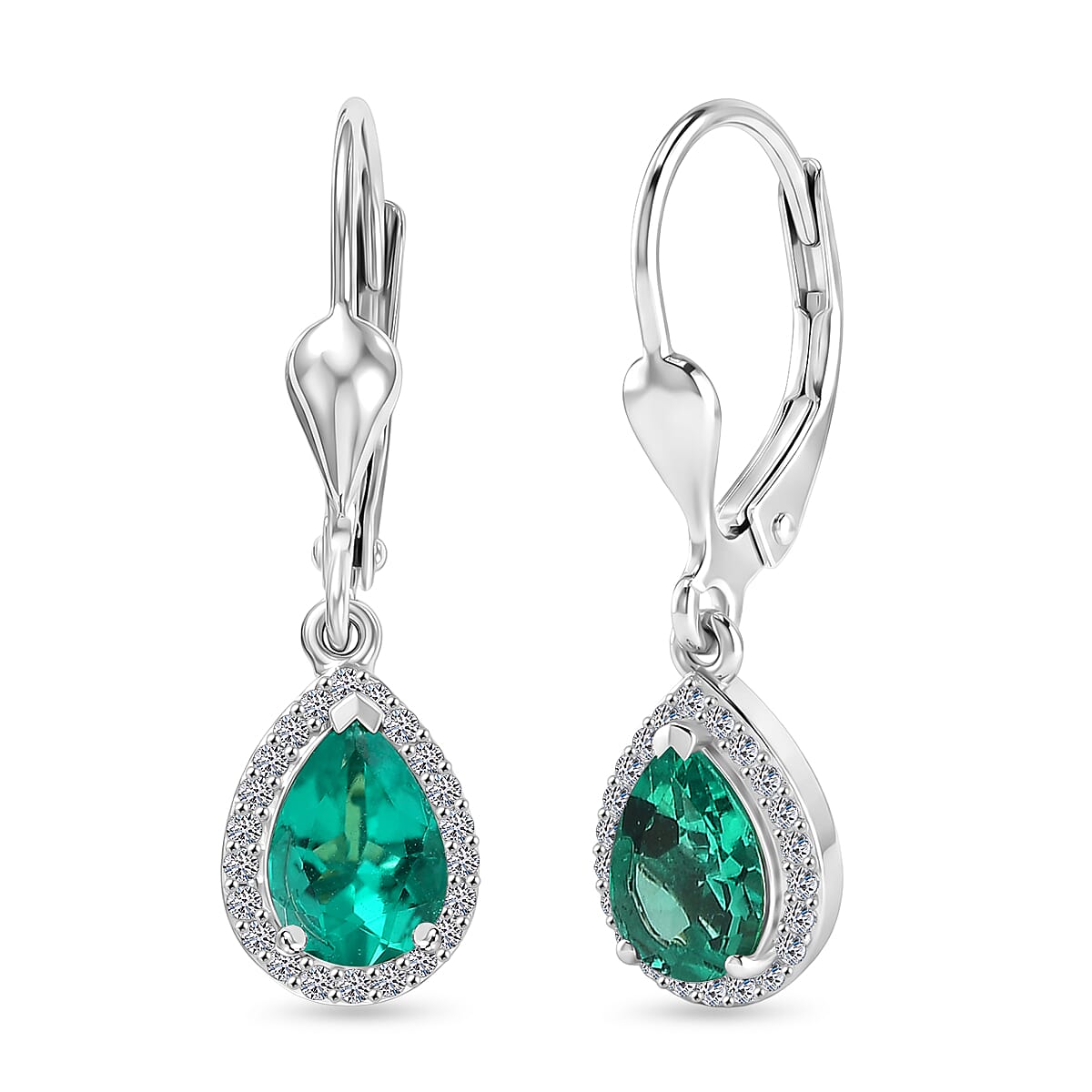 LUXURIANT Lab Grown AAAA Colombian Emerald, Lab Grown Diamond (SI-GH) Drop Earrings in Rhodium Overlay Sterling Silver 1.34 Ct. 8500853 0