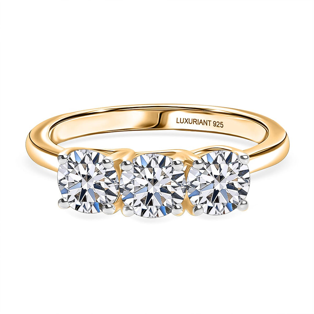 Luxuriant SI-G-H Lab Grown Diamond 3 Stone Ring in 18K Vermeil Yellow Gold Plated Sterling Silver 1.55 Ct.