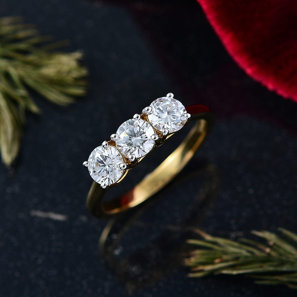 Luxuriant SI-G-H Lab Grown Diamond 3 Stone Ring in 18K Vermeil Yellow Gold Plated Sterling Silver 1.55 Ct.