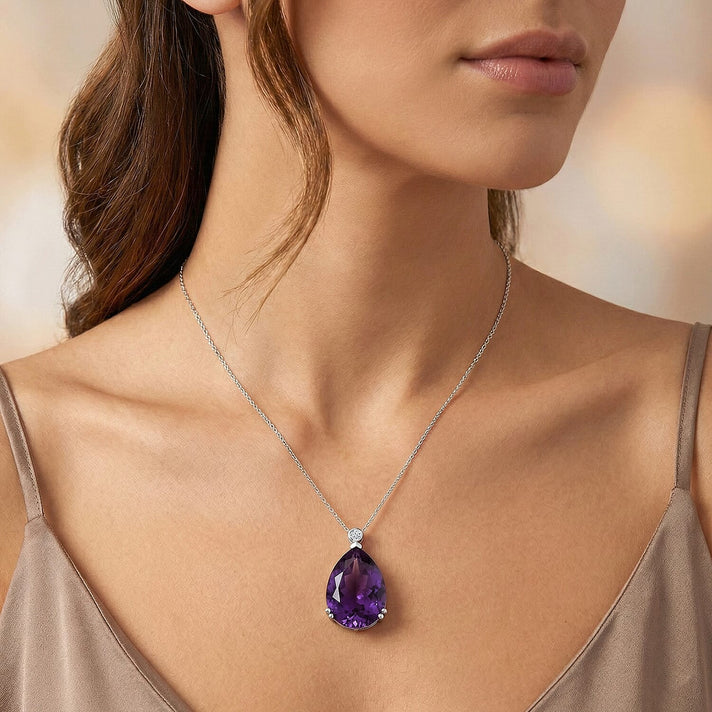Luxuriant - SI-G-H Lab Grown Diamond &amp; AAA African Amethyst Solitaire Pendant with Chain (Size 20) in Rhodium Overlay Sterling Silver 26.75 Ct. 4457901 2