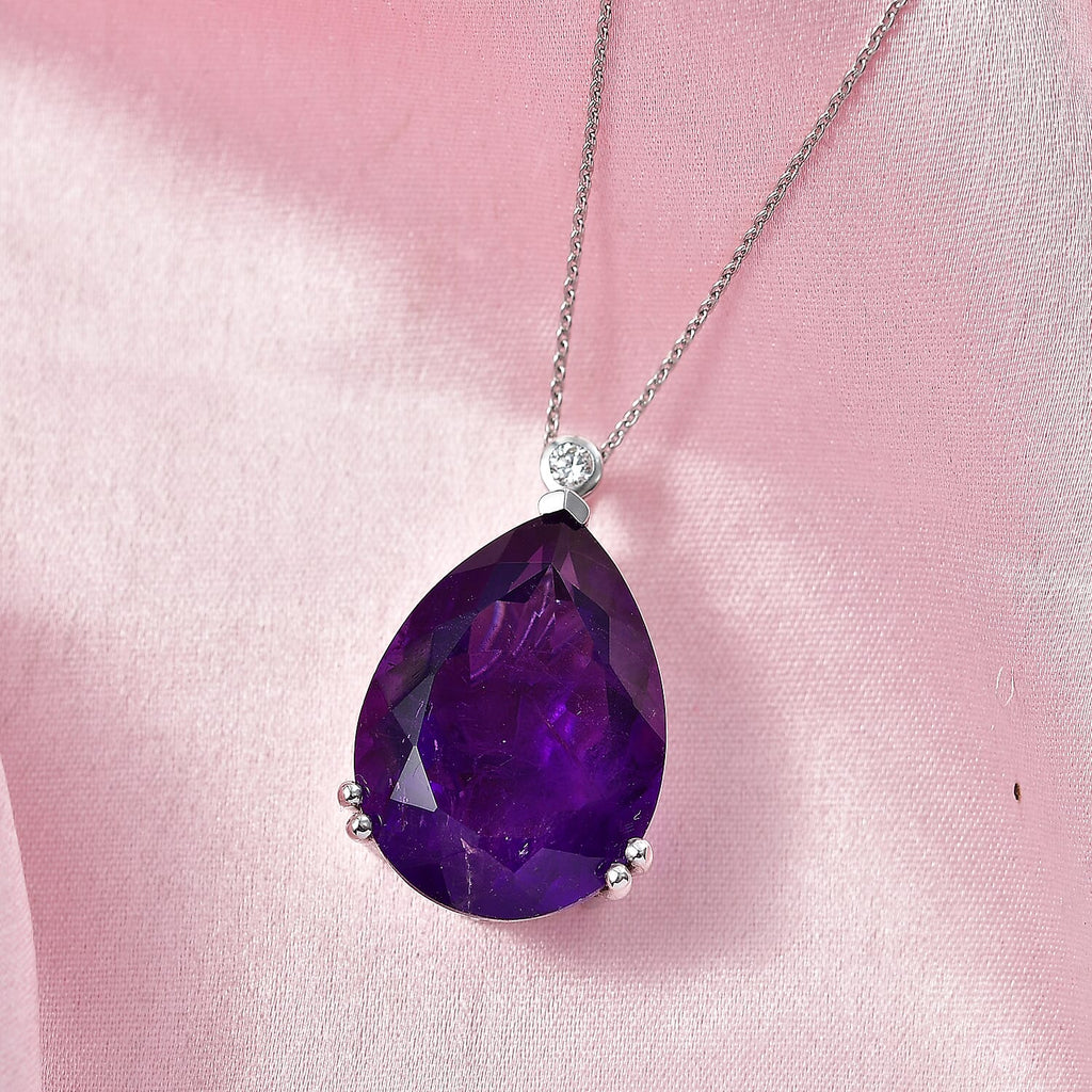 Luxuriant - SI-G-H Lab Grown Diamond & AAA African Amethyst Solitaire Pendant with Chain (Size 20) in Rhodium Overlay Sterling Silver 26.75 Ct.