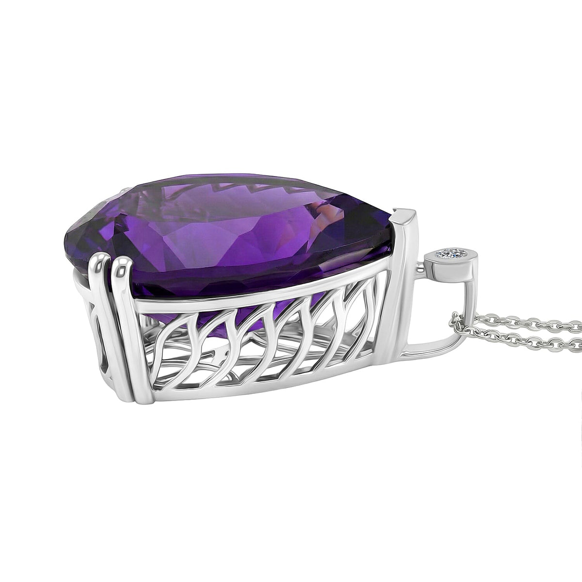 LARGEST AMETHYST PENDANT - SI-G/H Lab Grown Diamond &amp; AAA African Amethyst Solitaire Pendant with Chain (Size 20) in Rhodium Overlay Sterling Silver 26.75 Ct. V32521261 4