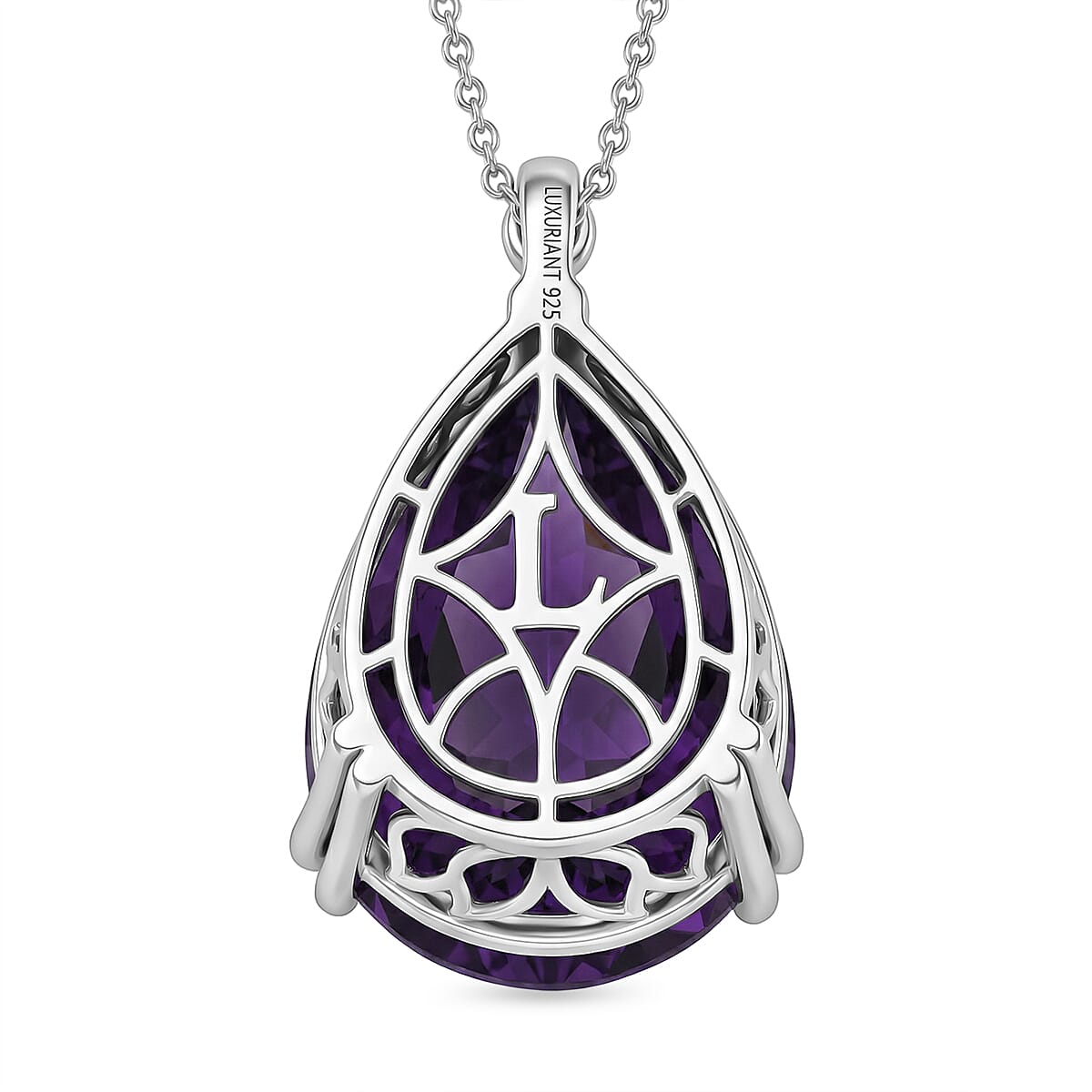 LARGEST AMETHYST PENDANT - SI-G/H Lab Grown Diamond &amp; AAA African Amethyst Solitaire Pendant with Chain (Size 20) in Rhodium Overlay Sterling Silver 26.75 Ct. V32521261 5