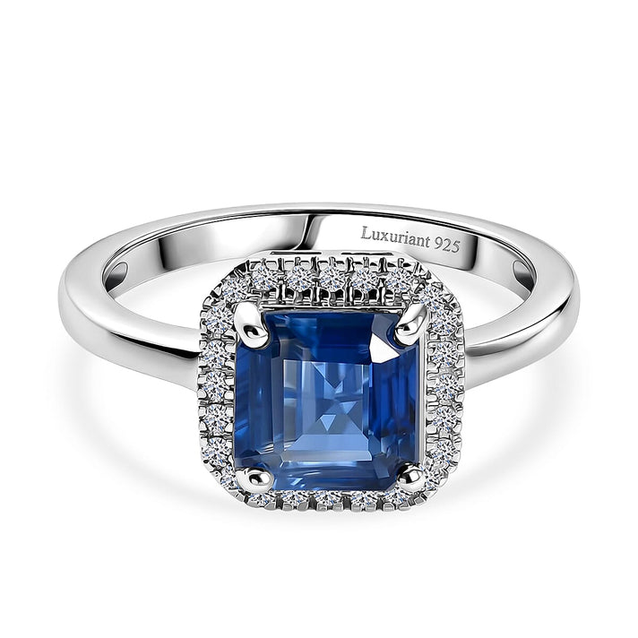 Natural Kyanite &amp; SI-G-H Lab Grown Diamond Halo Ring in Rhodium Overlay Sterling Silver 2.13 Ct. 8436395 1