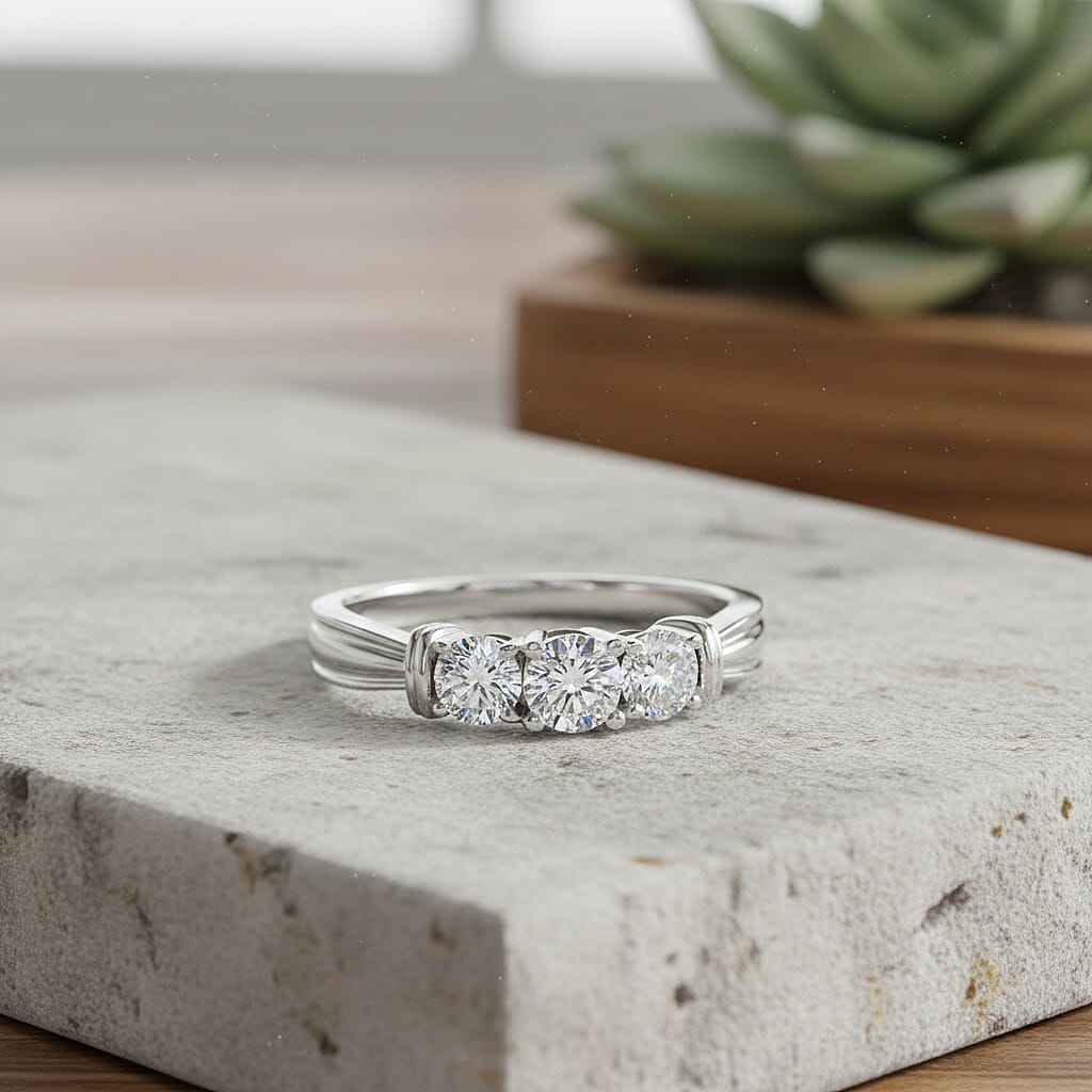 Luxuriant Lab Grown Diamond SI-GH Trilogy Ring in Rhodium Overlay Sterling Silver 1.00 Ct.