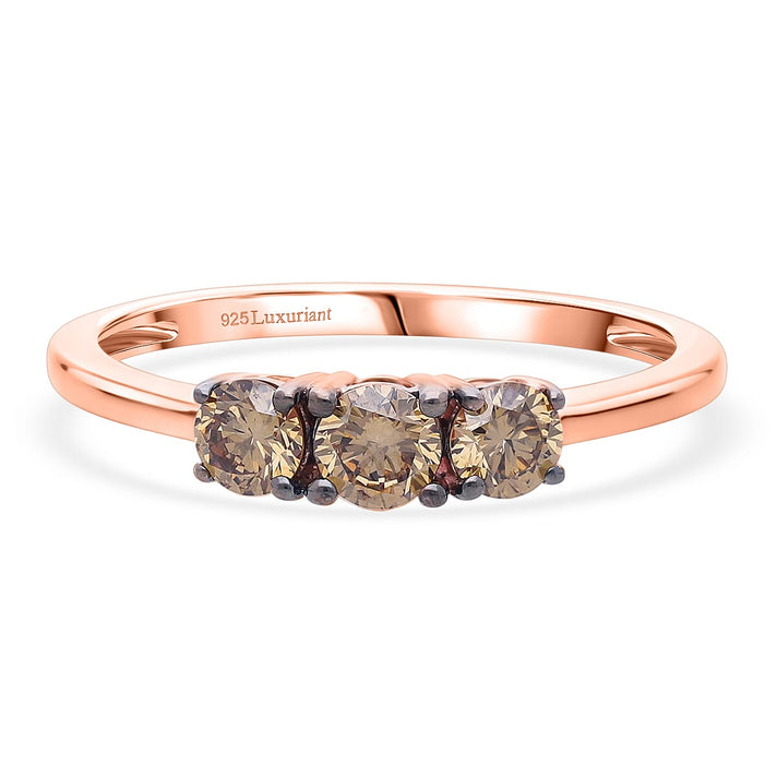 NY Close Out- LUXURIANT 0.5 Ct. Lab Grown Champagne Diamond Trilogy Ring in 18K Vermeil Rose Gold Over Sterling Silver (SI) 8485239 1