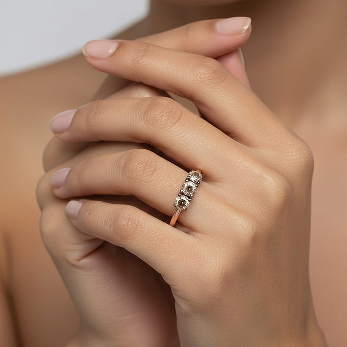 NY Close Out- LUXURIANT 0.5 Ct. Lab Grown Champagne Diamond Trilogy Ring in 18K Vermeil Rose Gold Over Sterling Silver (SI) 8485239 2