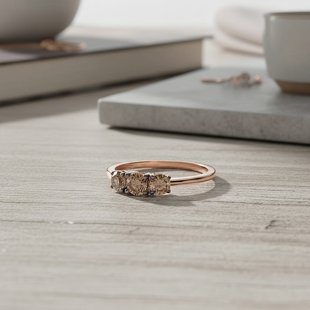 NY Close Out- LUXURIANT 0.5 Ct. Lab Grown Champagne Diamond Trilogy Ring in 18K Vermeil Rose Gold Over Sterling Silver (SI) 8485239 3