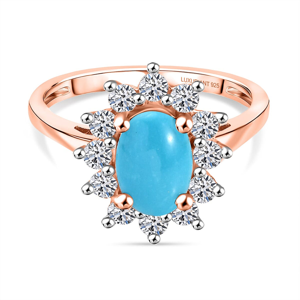 Luxuriant Sleeping Beauty Turquoise & Lab Grown Diamond (SI-GH) Halo Ring in 18K Vermeil Rose Gold Plated Sterling Silver 2.38 Ct.