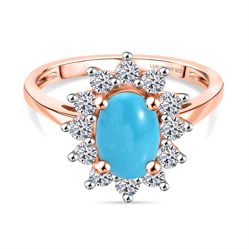 Luxuriant Sleeping Beauty Turquoise & Lab Grown Diamond (SI-GH) Halo Ring in 18K Vermeil Rose Gold Plated Sterling Silver 2.38 Ct.