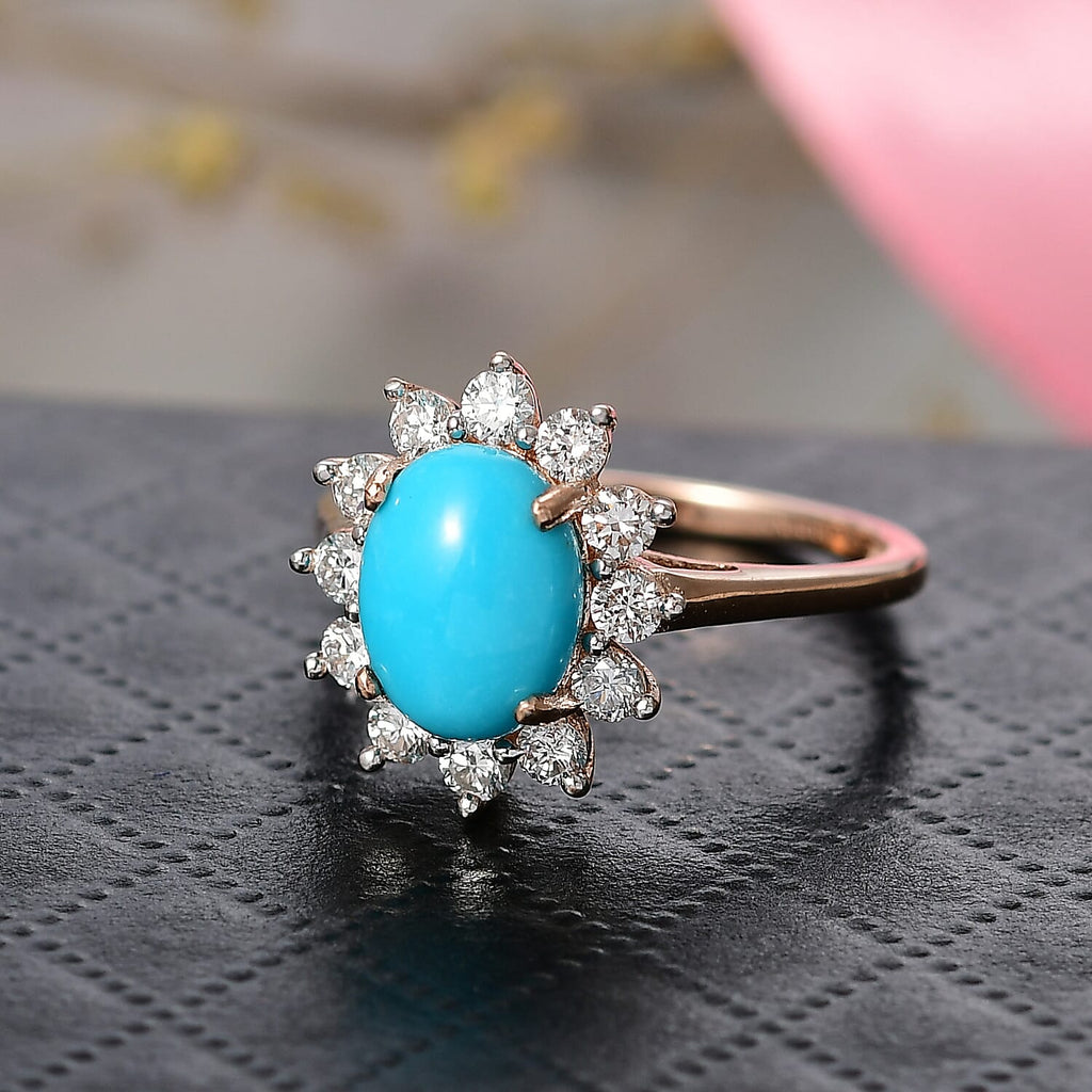Luxuriant Sleeping Beauty Turquoise & Lab Grown Diamond (SI-GH) Halo Ring in 18K Vermeil Rose Gold Plated Sterling Silver 2.38 Ct.