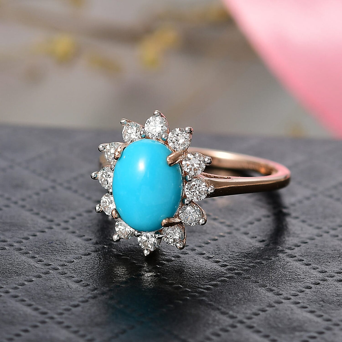 DOORBUSTER DEAL - Luxuriant Sleeping Beauty Turquoise &amp; Lab Grown Diamond (SI/GH) Ring in 18K Vermeil Rose Gold Plated Sterling Silver 2.38 Ct. 8316211 2
