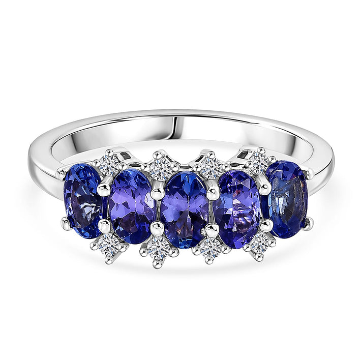 Luxuriant - AAA Tanzanite &amp; Lab Grown Diamond (SI-G-H) 5 Stone Ring in Rhodium Overlay Sterling Silver 1.40 Ct. 8572146 1