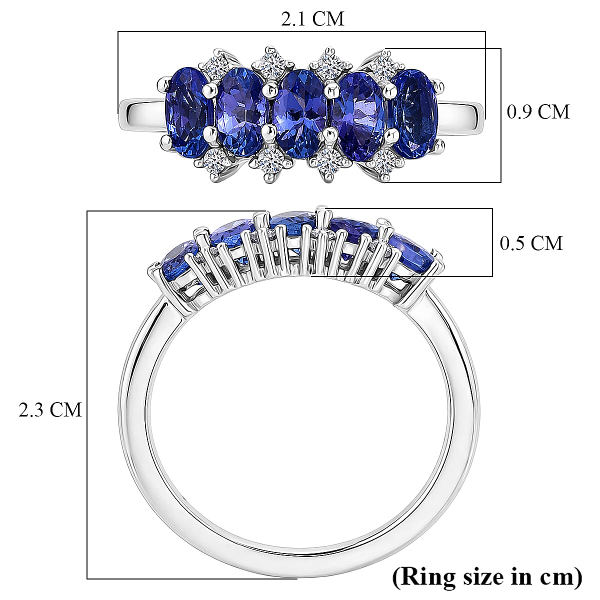 Luxuriant - AAA Tanzanite &amp; Lab Grown Diamond (SI/G-H) 5 Stone Ring in Rhodium Overlay Sterling Silver 1.40 Ct. V32525612 6