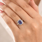 Luxuriant - AAA Tanzanite & Lab Grown Diamond (SI-G-H) Halo Ring in Rhodium Overlay Sterling Silver 2.05 Ct.