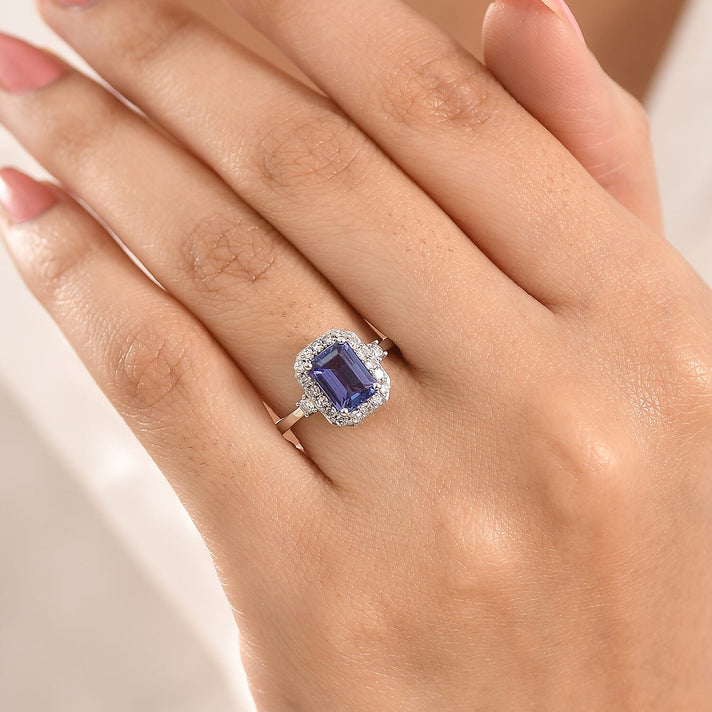 Luxuriant - AAA Tanzanite &amp; Lab Grown Diamond (SI-G-H) Halo Ring in Rhodium Overlay Sterling Silver 2.05 Ct. 8573392 2