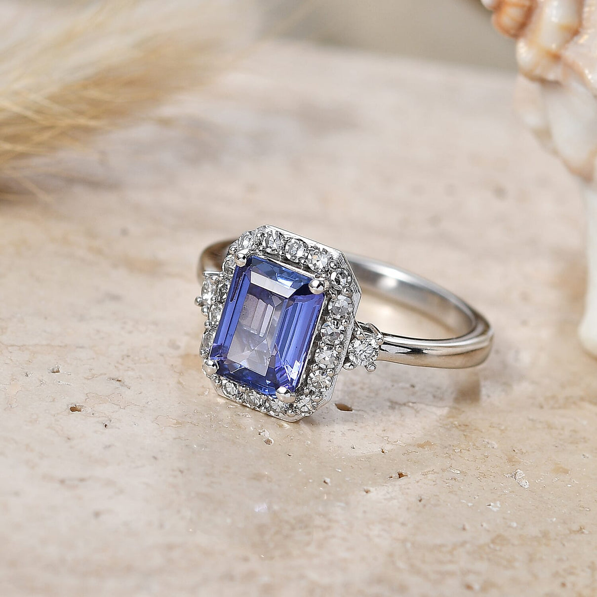 Luxuriant - AAA Tanzanite &amp; Lab Grown Diamond (SI/G-H) Halo Ring in Rhodium Overlay Sterling Silver 2.05 Ct. 8573392 3