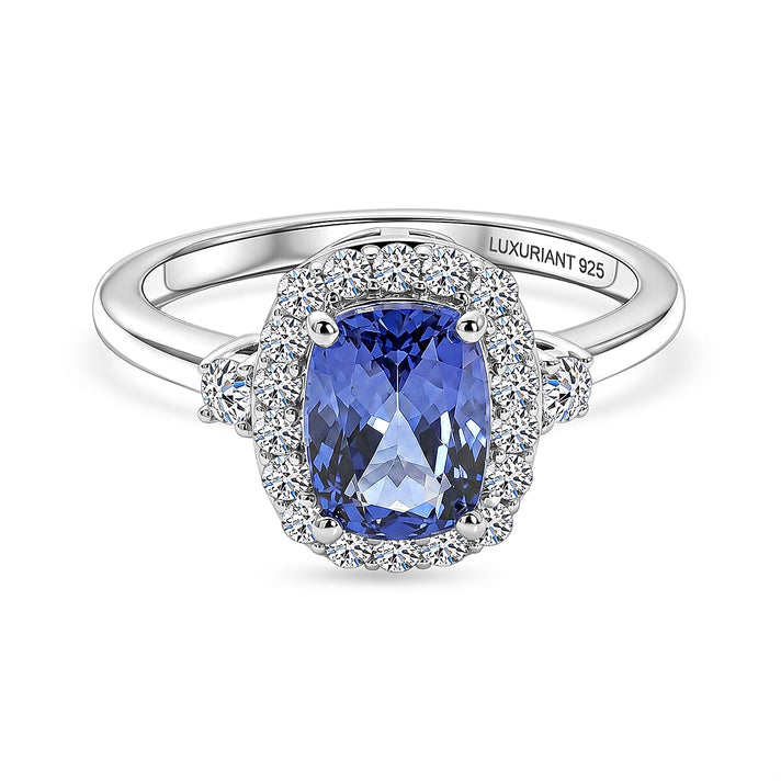 Luxuriant - AAA Tanzanite &amp; Lab Grown Diamond (SI-G-H) Cushion Cut Halo Ring in Rhodium Overlay Sterling Silver 2.00 Ct. 8573421 1