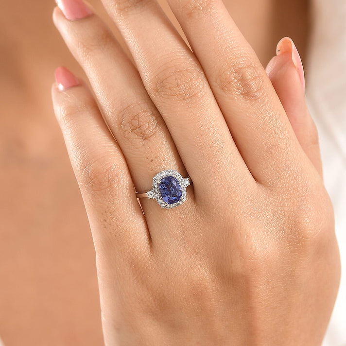 Luxuriant - AAA Tanzanite &amp; Lab Grown Diamond (SI-G-H) Cushion Cut Halo Ring in Rhodium Overlay Sterling Silver 2.00 Ct. 8573421 2