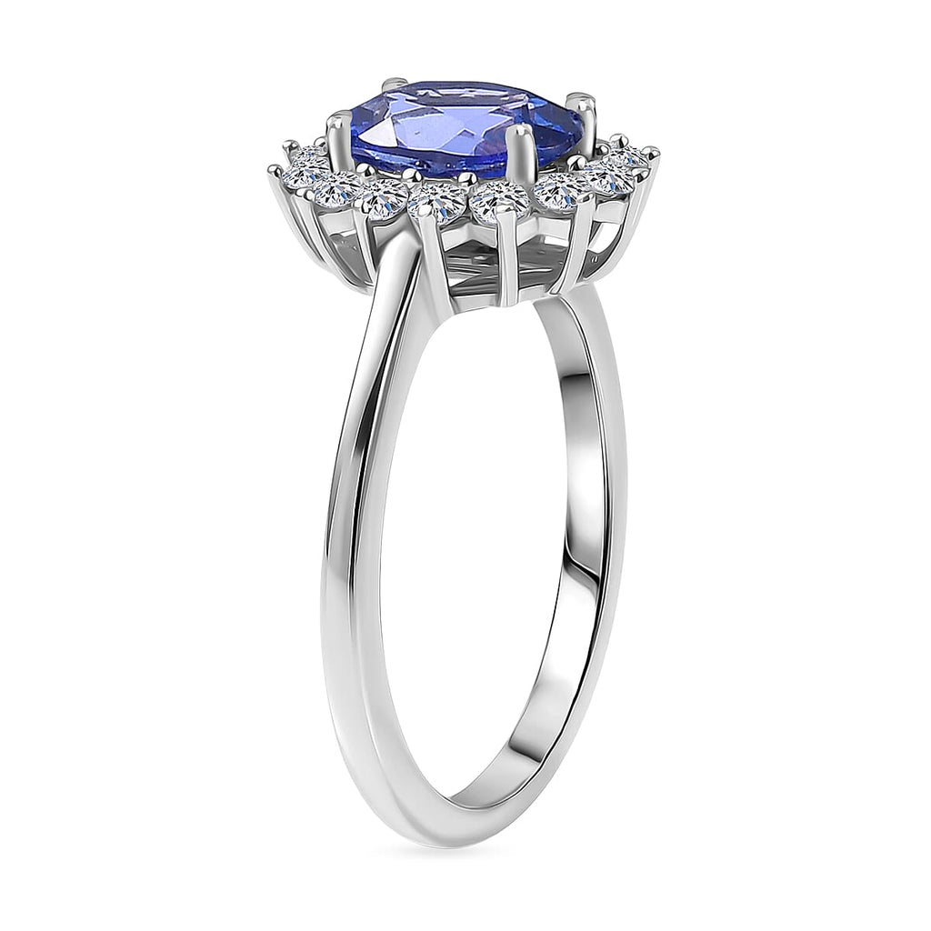 Luxuriant Tanzanite & SI-G-H Lab Grown Diamond Oval Cut Halo Ring in Rhodium Overlay Sterling Silver 1.73 Ct.