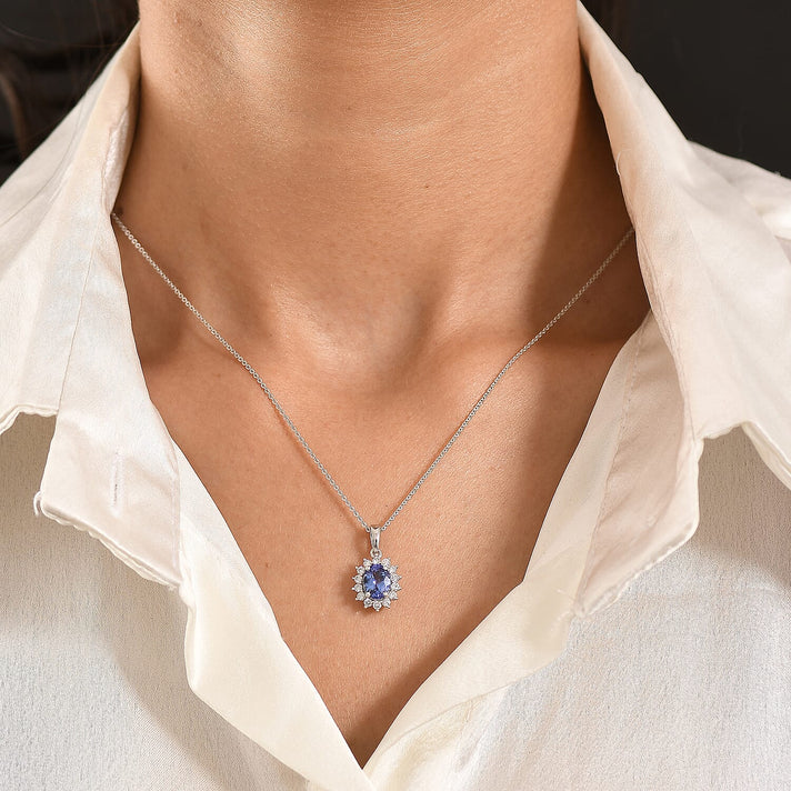 LUXURIANT Tanzanite, Lab Grown Diamond Oval Cut Halo Pendant with Chain (Size 20) in Rhodium Overlay Sterling 1.77 Ct. (SI-G-H) 4462451 2
