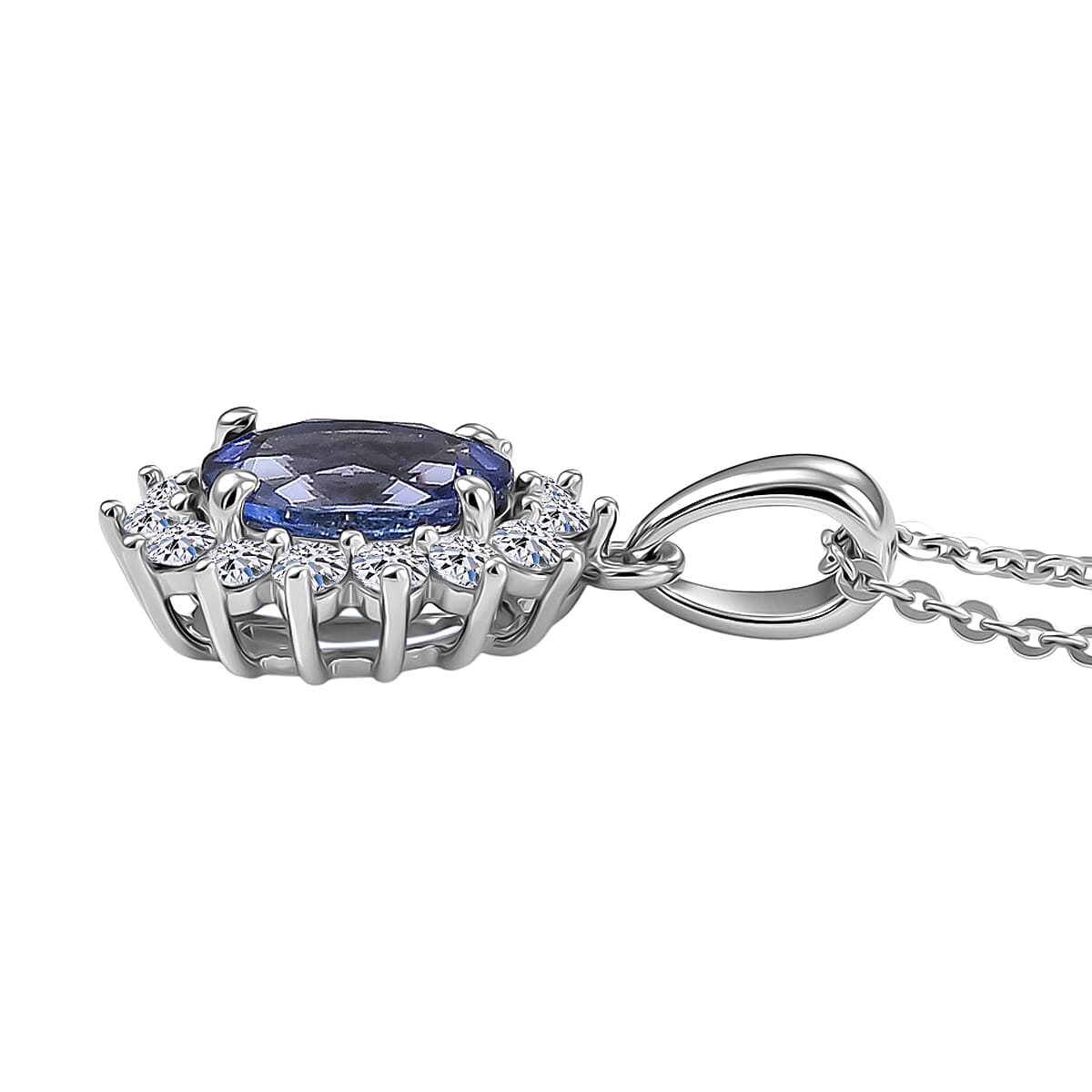 LUXURIANT Tanzanite, Lab Grown Diamond Oval Cut Halo Pendant with Chain (Size 20) in Rhodium Overlay Sterling 1.77 Ct. (SI-G-H) 4462451 4