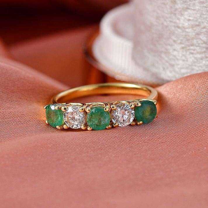 Luxuriant - AAA Gemfields Zambian Emerald &amp; SI-GH Lab Grown Diamond 5 Stone Ring in 18K Vermeil Yellow Gold Plated Sterling Silver 1.25 Ct. 8420943 2
