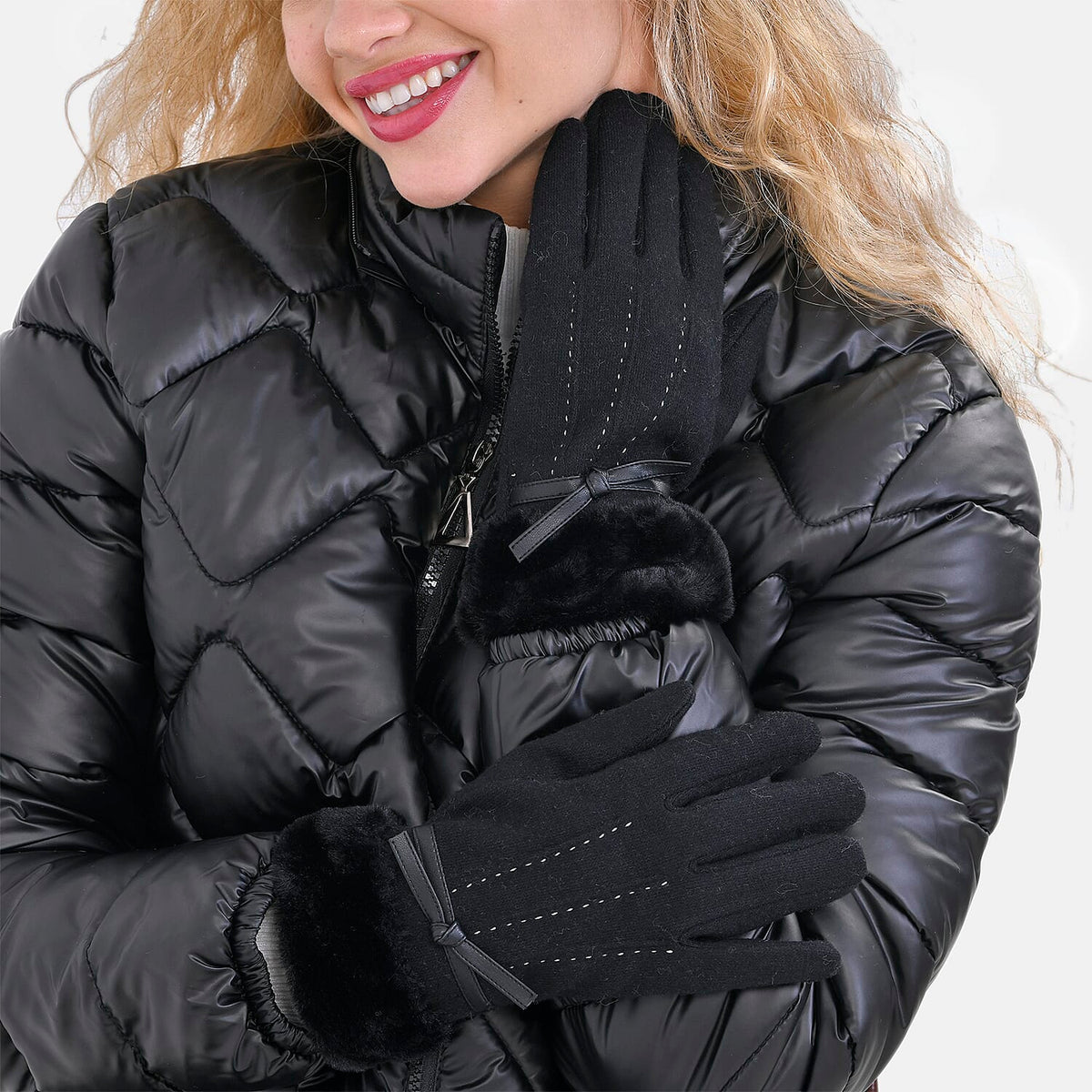 Luxurious 70% Cashmere Gloves with Faux Fur Trim- Black 7733545 6