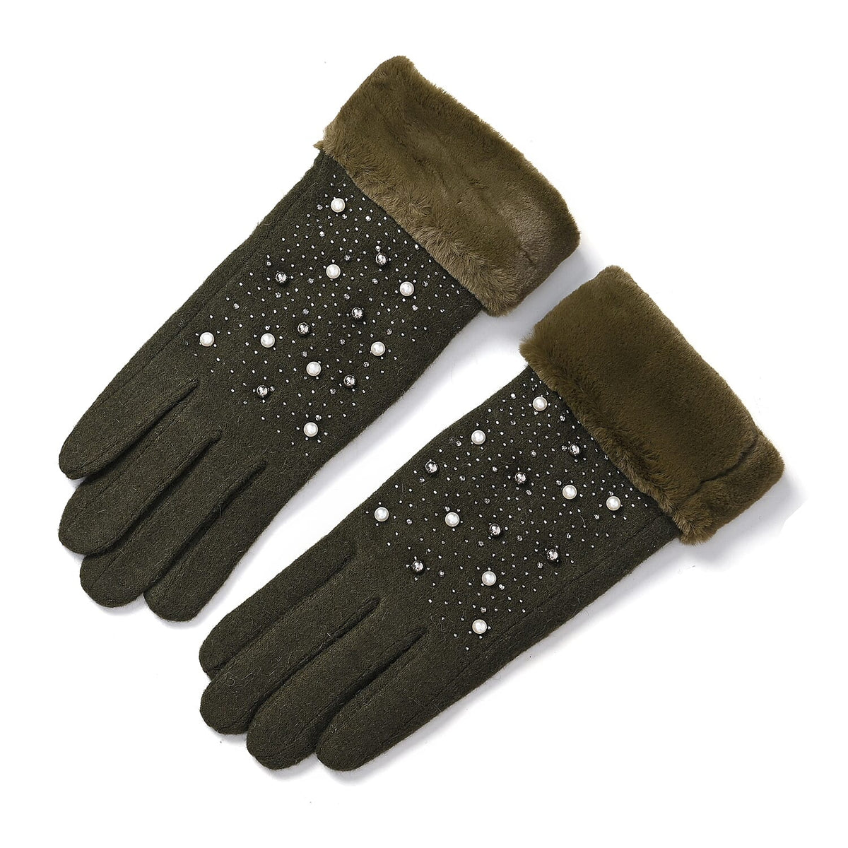 Luxurious Cashmere Beaded Gloves with Faux Fur Cuffs - Olive 7851772 0