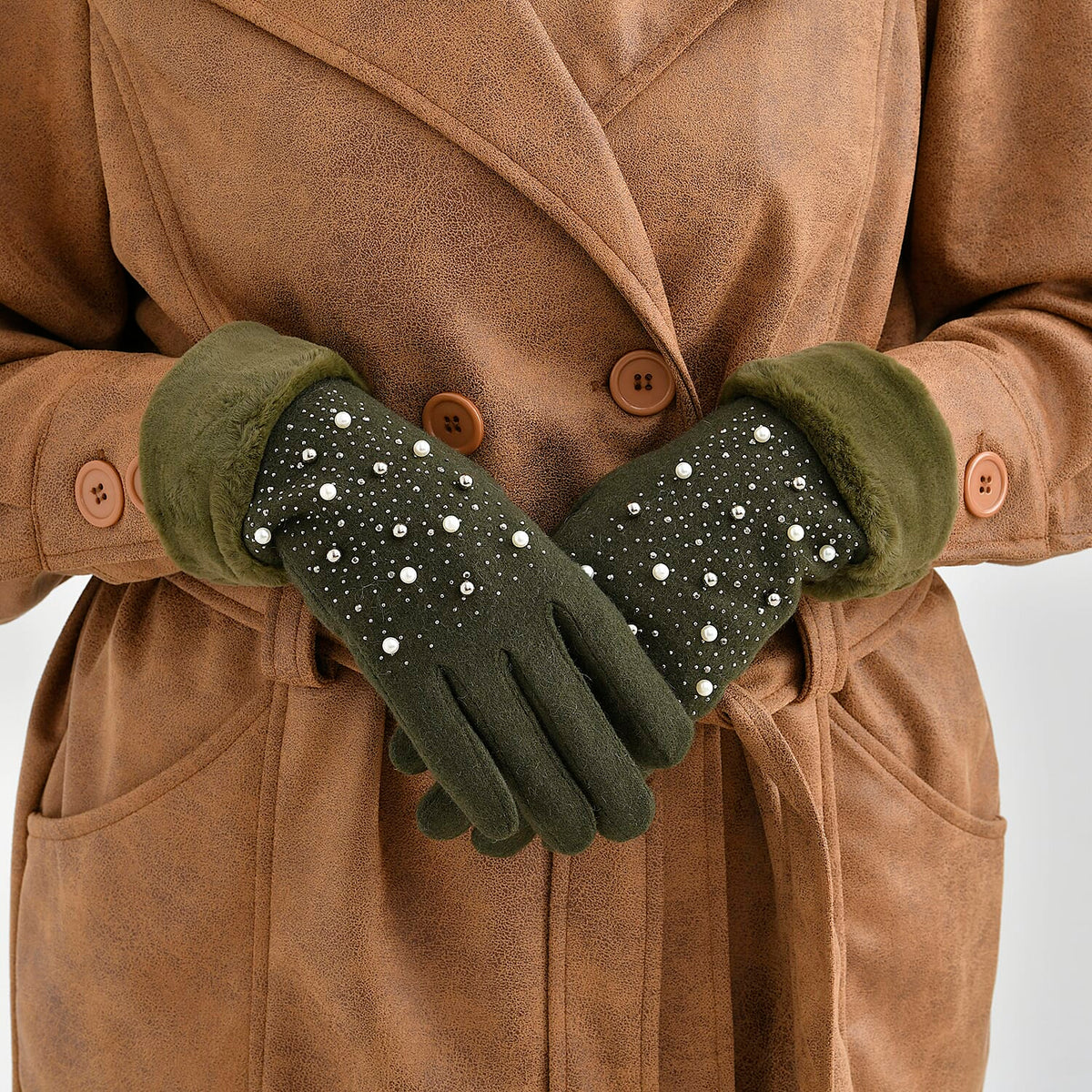 Luxurious Cashmere Beaded Gloves with Faux Fur Cuffs - Olive 7851772 3