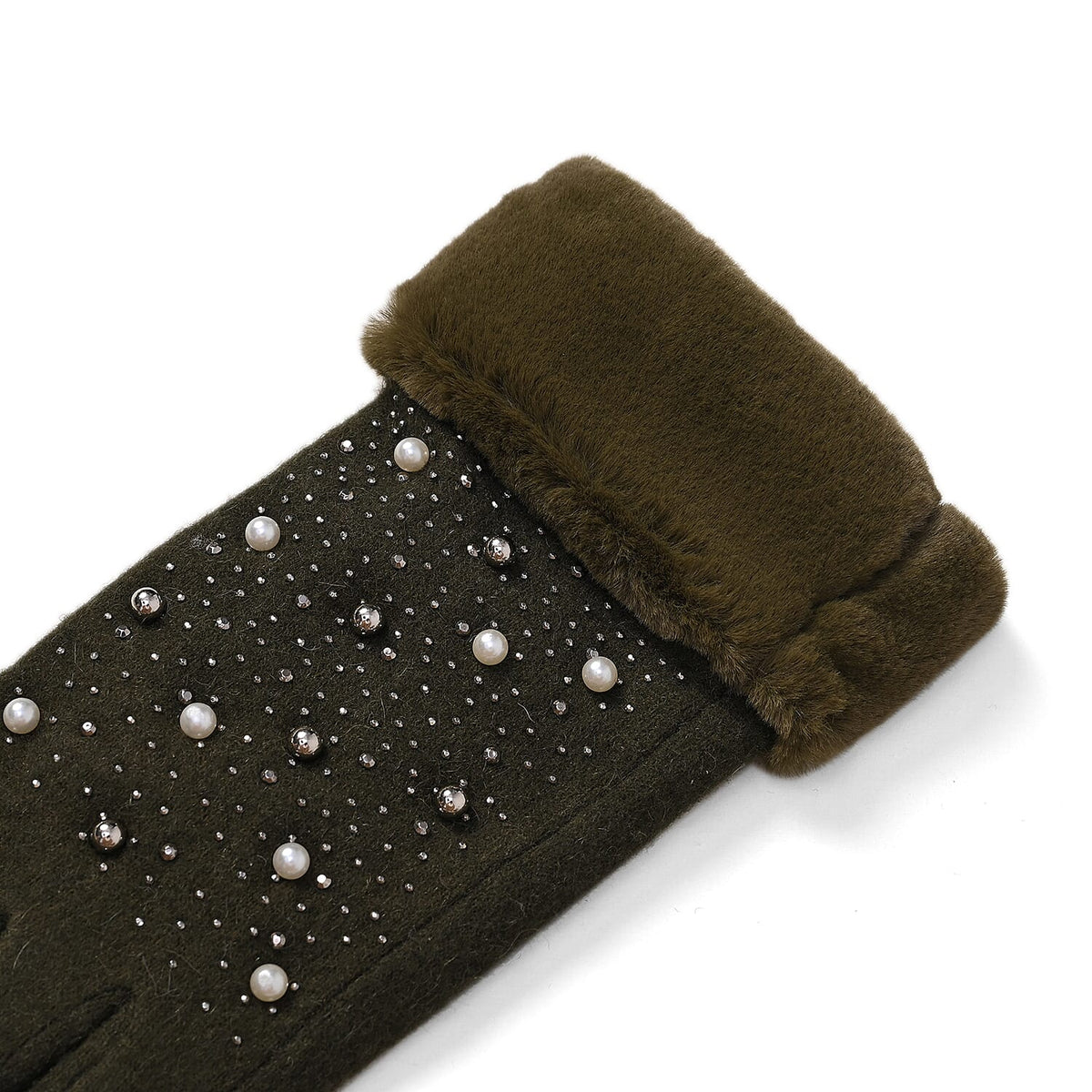 Luxurious Cashmere Beaded Gloves with Faux Fur Cuffs - Olive 7851772 5