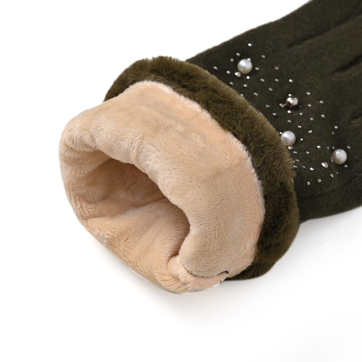 Luxurious Cashmere Beaded Gloves with Faux Fur Cuffs - Olive 7851772 7