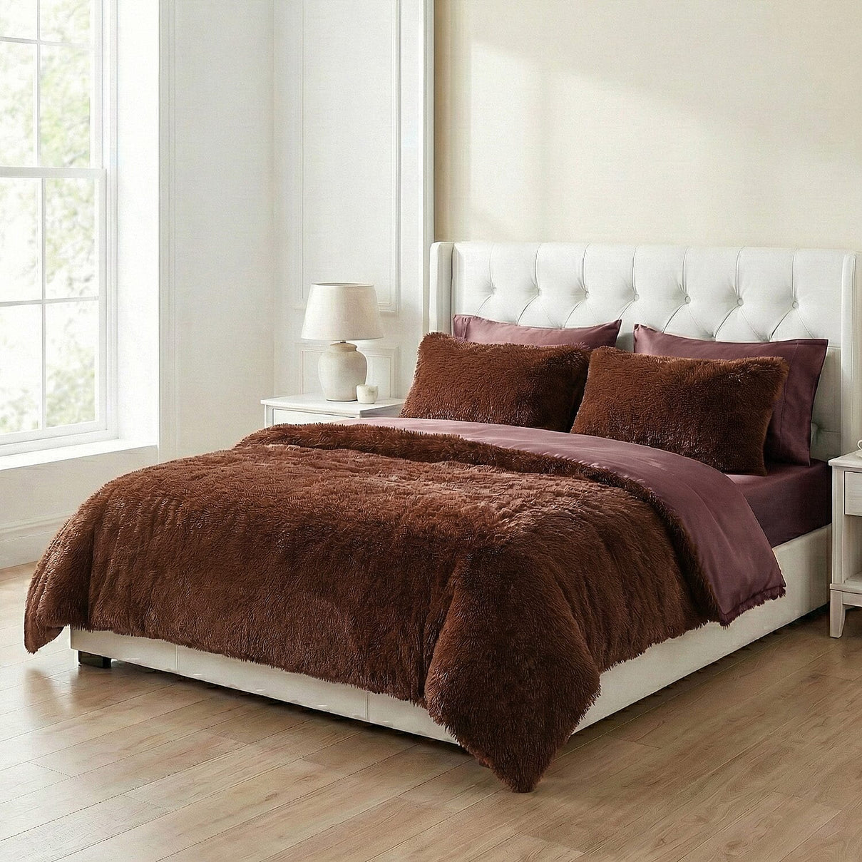 Luxury 6 Piece Winter Bedding Collection- Faux Rabbit Fur Comforter With Reversible Dutch Velvet Thermal Backing, Fitted Sheet, 2 Faux Rabbit Fur Pillowcases &amp; 2 Velvet Pillowcases - Chocolate Double V32358141 0