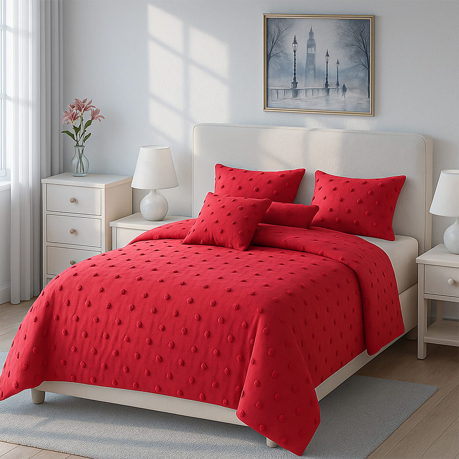 Luxury Deluxe 6 Piece Set- Comforter, Fitted Sheet, 2 Pillow Cases, Cushion Cover and Bolster Cushion Cover - Red Double 8854329 0
