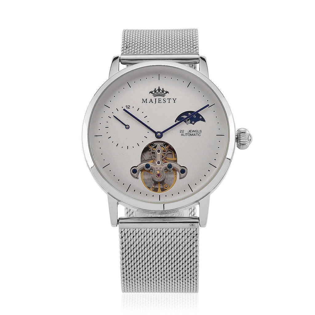 MAJESTY Multifunction LiaoCheng Automatic 3ATM WR White Dial - Silver Case Mens Watch with Silver Stainless Steel Mesh Strap