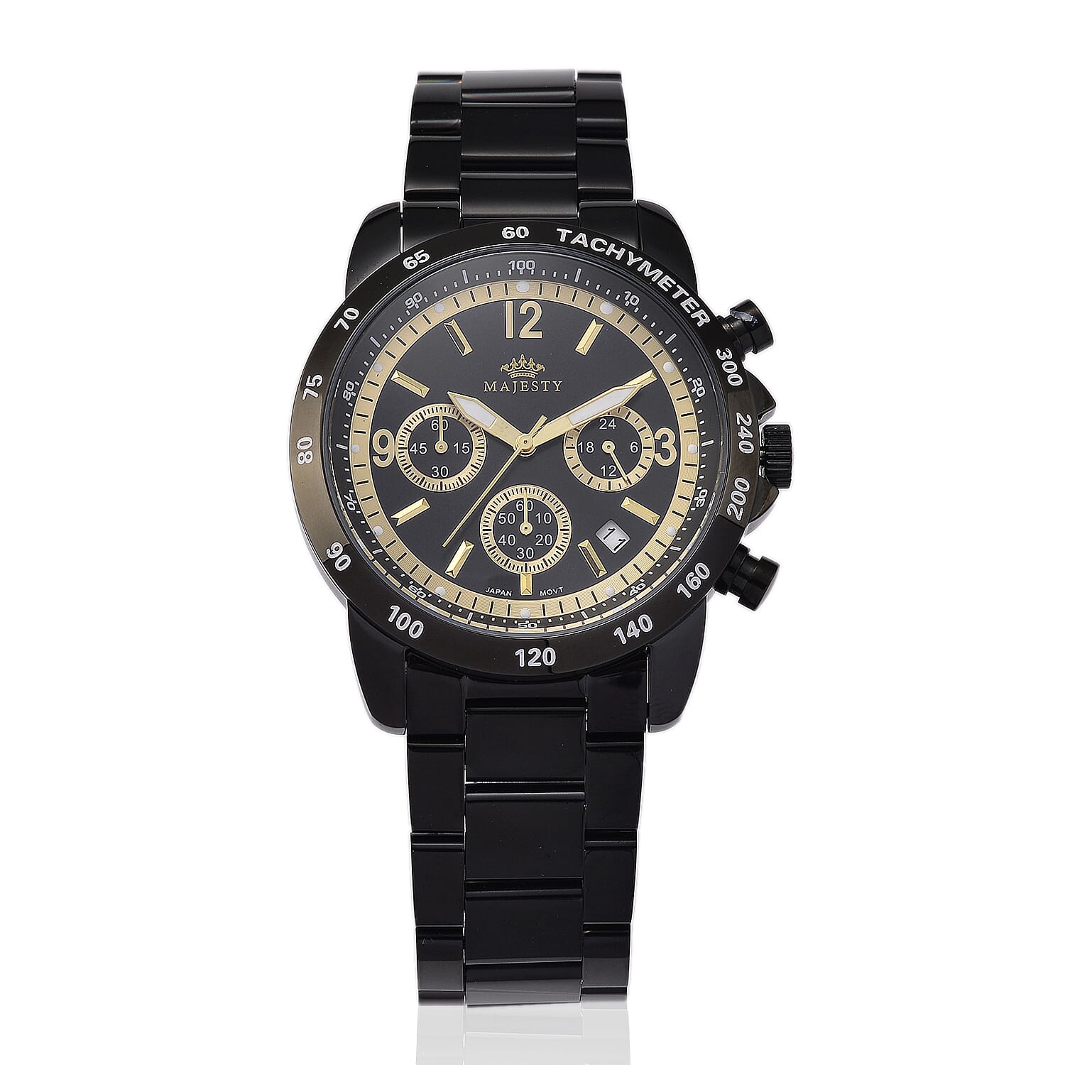 MAJESTY Multifunction VD53 Japan Quartz 3ATM WR Black Sunshine Dial &amp; Black Case Mens Watch with Black Stainless Steel Strap 8504954 0