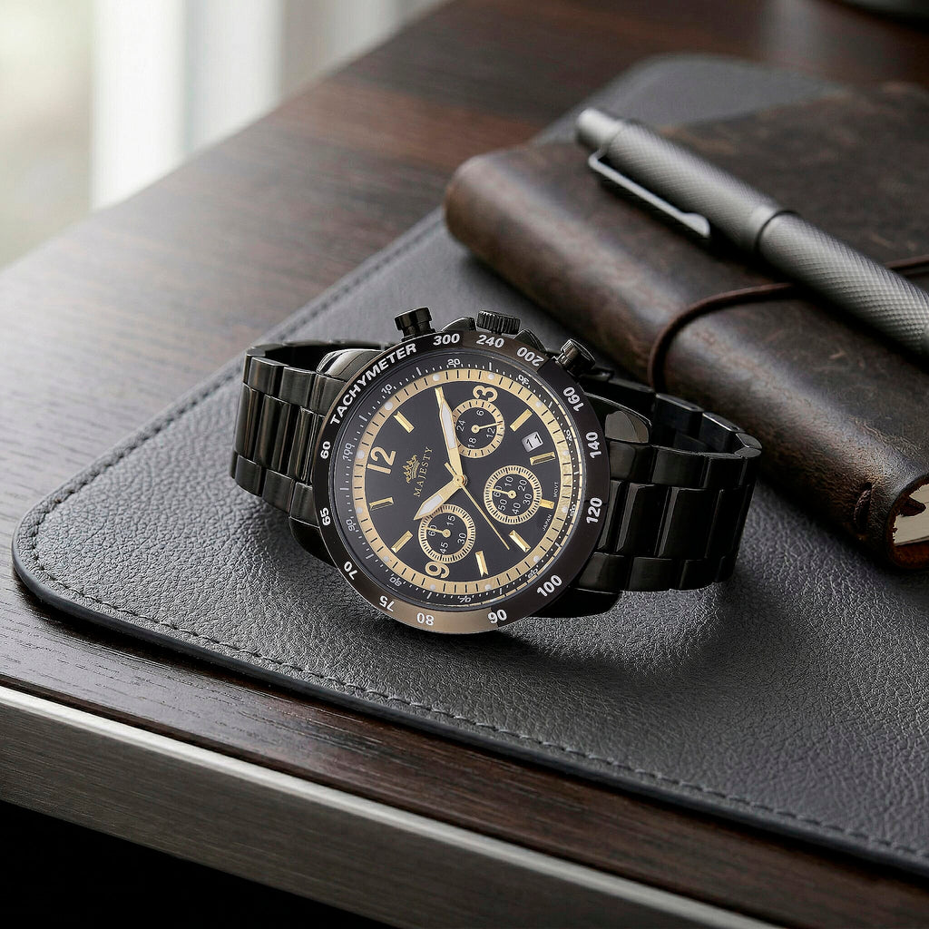MAJESTY Multifunction VD53 Japan Quartz 3ATM WR Black Sunshine Dial - Black Case Mens Watch with Black Stainless Steel Strap