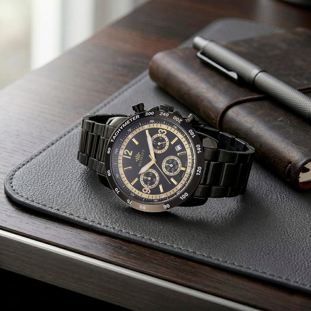MAJESTY Multifunction VD53 Japan Quartz 3ATM WR Black Sunshine Dial &amp; Black Case Mens Watch with Black Stainless Steel Strap 8504954 2