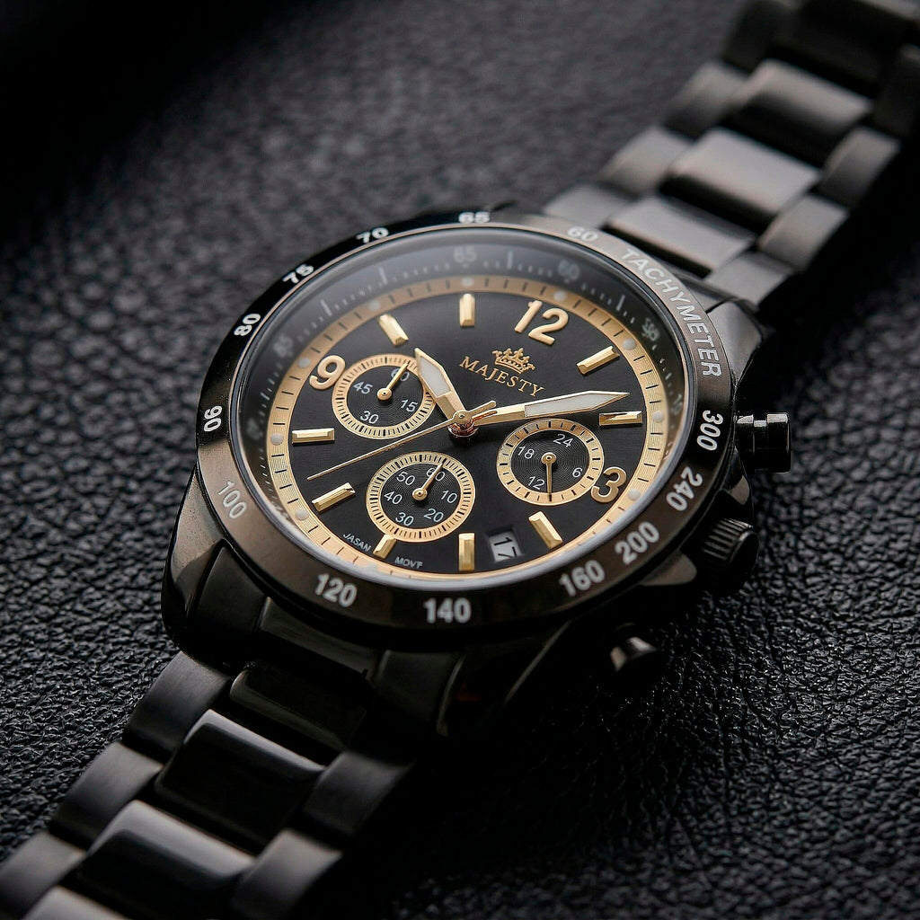 MAJESTY Multifunction VD53 Japan Quartz 3ATM WR Black Sunshine Dial - Black Case Mens Watch with Black Stainless Steel Strap