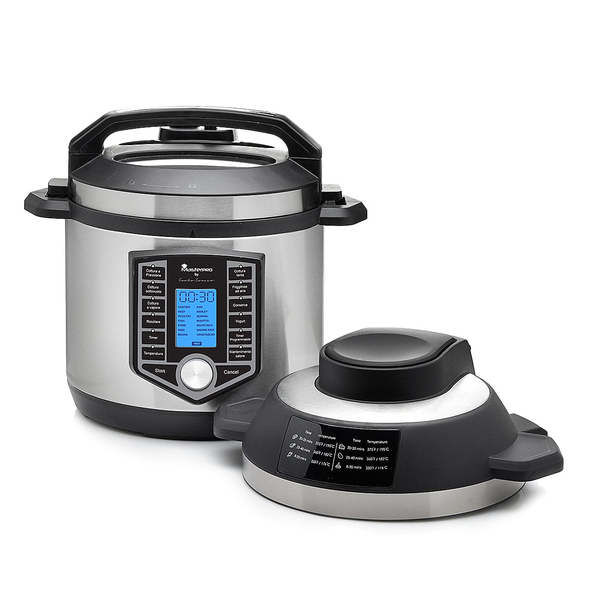 MASTERPRO Air Fryer PLUS Pressure Cooker in One. 12 Presets. Multi Cooker Functions inc Slow Cooker, Saute Steamer, Yoghurt, Canning, Sous Vide. 6L Capacity. 1500w. 7534412 1