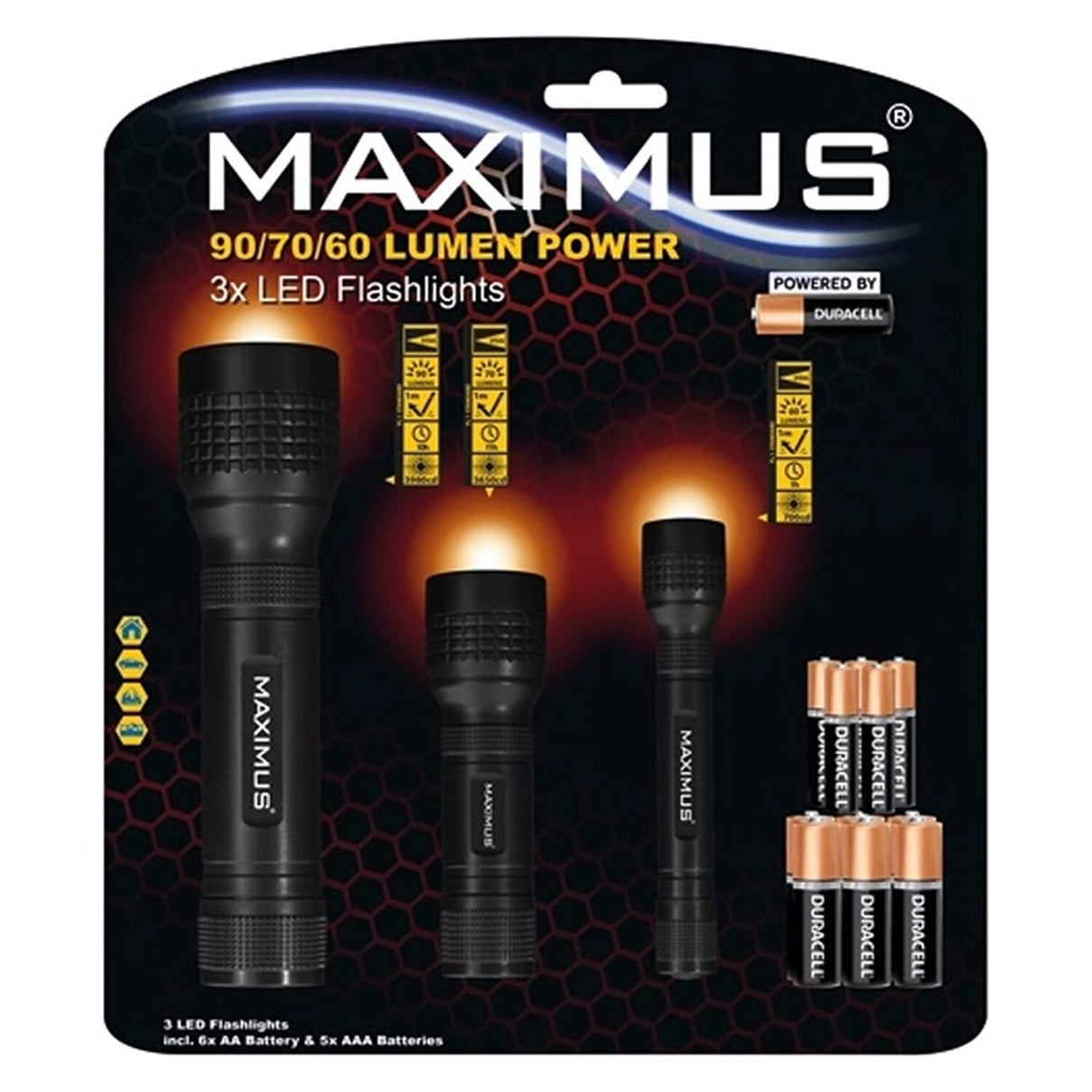 MAXIMUS 3x LED Flashlights with Duracel Batteries (255 Lumen Power) 7843998 0